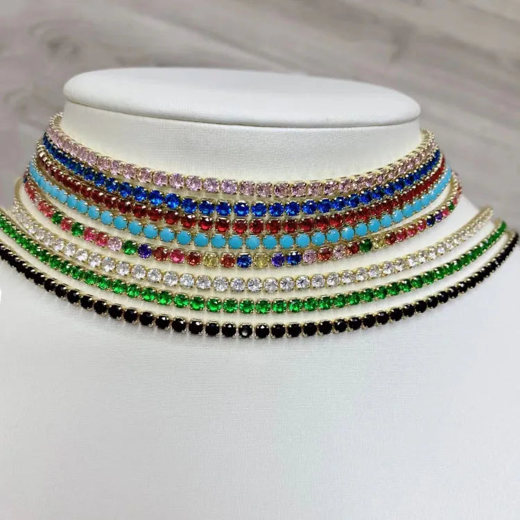 NZ1398 Fashion Sparkly Bling Jewelry Dainty Gold Minimalist Multi Colored CZ Diamond Cubic Zirconia Tennis Chain Choker Neckl