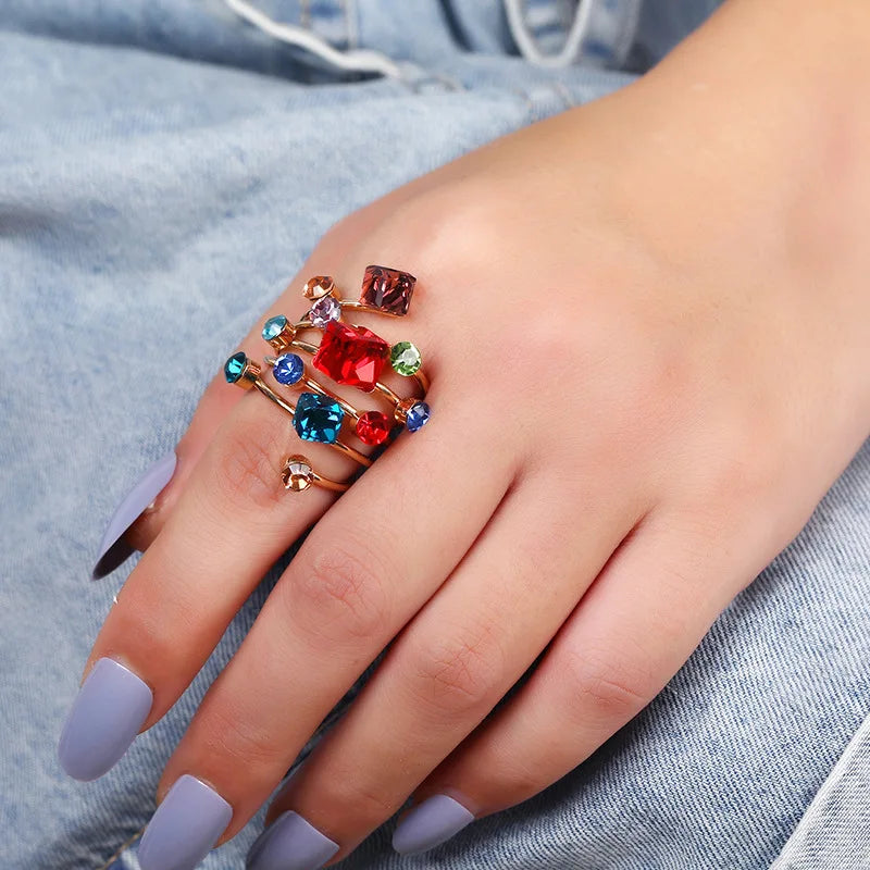 2025 Trendy Chunky Rings Women's Alloy Spring Gold Plated Rings Ladies Colorful Gemstone Crystal Rings