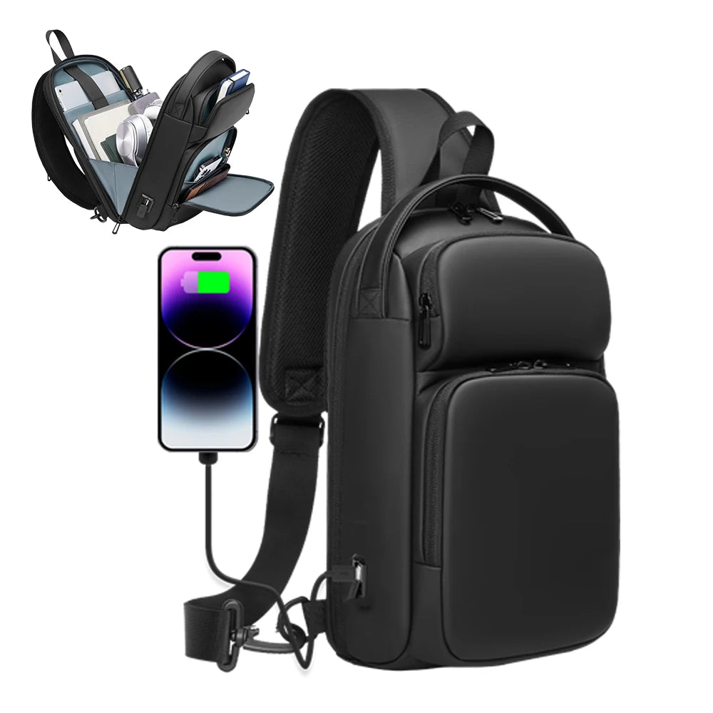 Lightweight Waterproof Durable Fashion Microfiber Men's Shoulder/Chest Sling Bag USB Charging Port for Sports Work Business