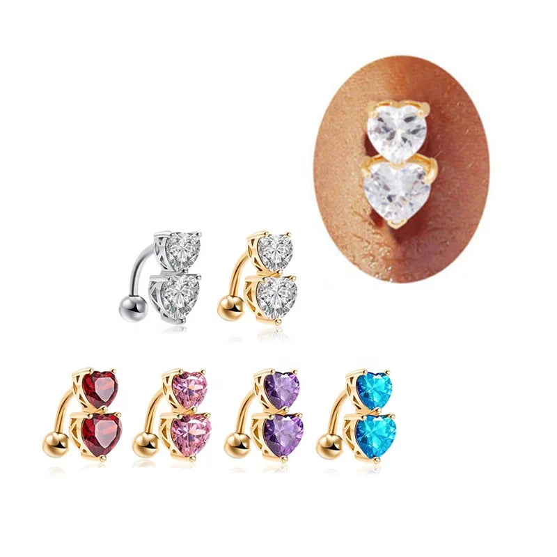 Fashion Women Navel Piercing Jewelry Double Love Zircon Navel Ring Gold Plated Peach Heart Belly Button Ring