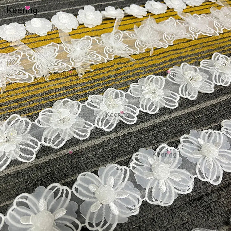 WLCP-101 Keering High Quality Direct Sales Reasonable Price Fancy White 3d Flower Embroidery Lace Trim for Clothes