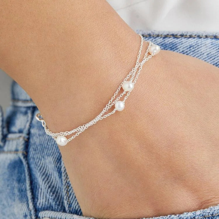 Dainty 100% Handmade Fine Jewelry 925 Sterling Silver Fresh Water Pearl Layered Bracelet for Women
