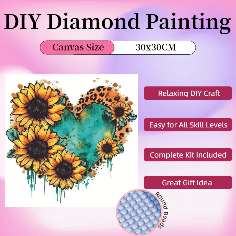 1PC 30*30cm DIY Heart-shaped Sunflower Home Decor Diamond Painting Full Round 5D Acrylic Diamond Painting for Wall Decoration
