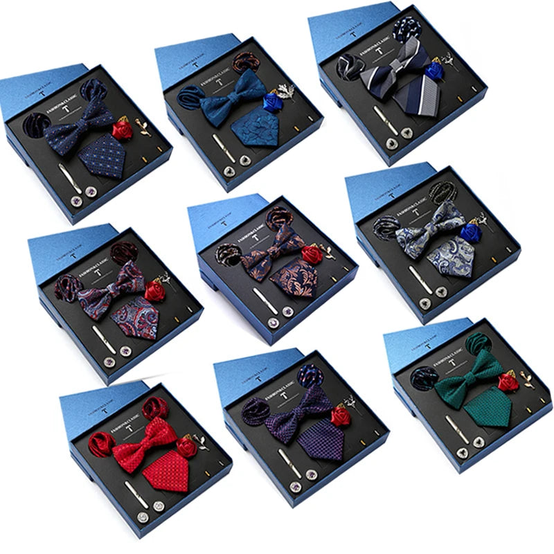 Fashion Men's Tie Gift Box Luxury Brand Necktie Bowtie Pocket Square Brooches Cufflinks Clips Suit for Party Wedding Man Gift