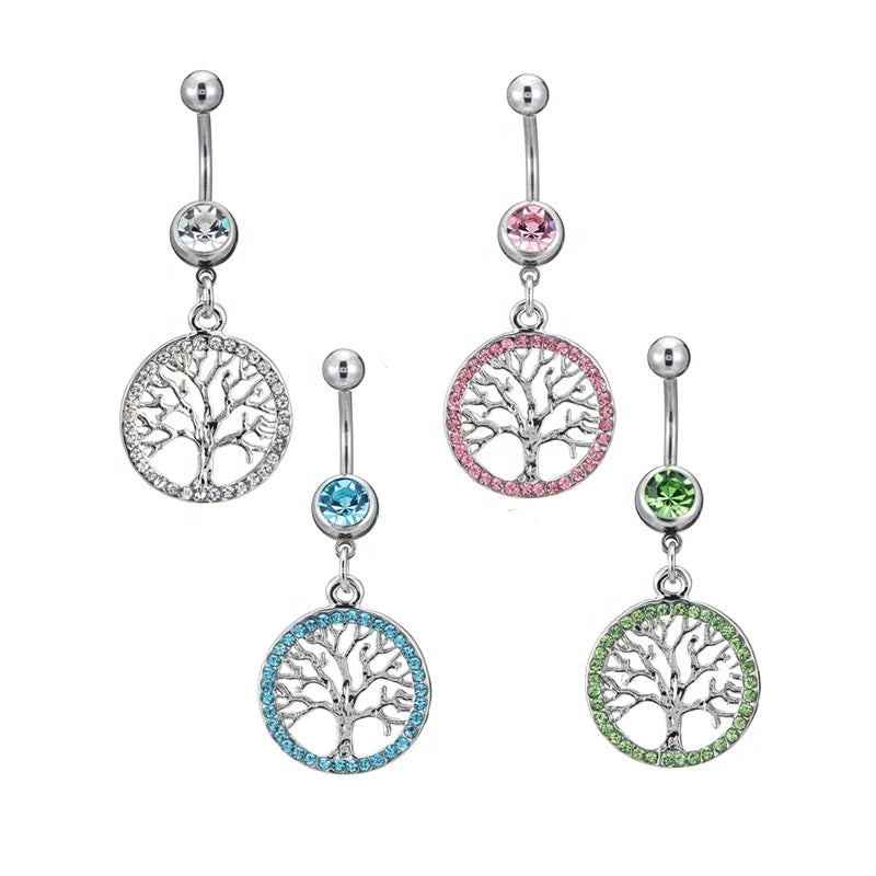 New Arrival Sexy Women Belly Piercing Body Jewelry Hot Girls Fashion Jewelry Tree of Life Crystal Navel Button Rings