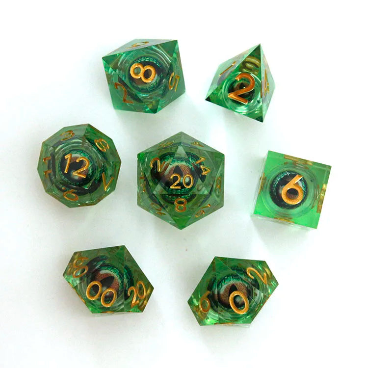 Wholesale Green Dragon Eyes Liquid Core Dice Set Sharp Resin Polyhedron DND Game Dice Bulk Polyhedral Plastic Dice Green Drag