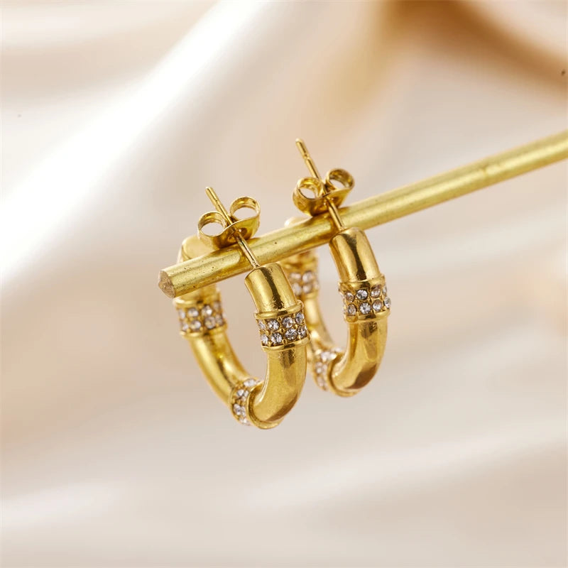 Women's Trendy C Shape Hoop Earrings Popular 18K Gold Plated Stainless Steel for Wedding Party or Gift