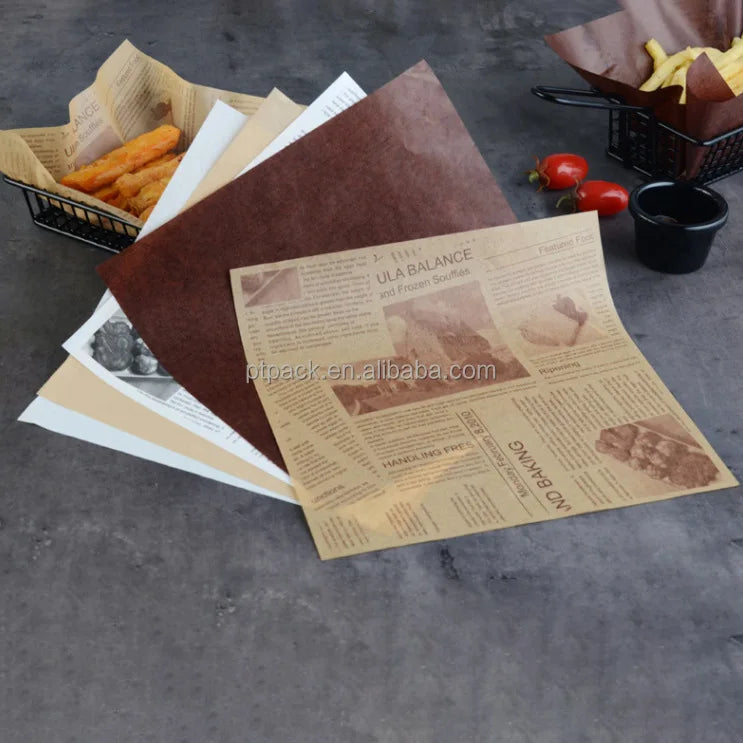 PTPACK Custom Printed Greaseproof Paper Sheets for Food Trays Sandwich Wraps Hamburger Fast Food Baking Liner Disposable