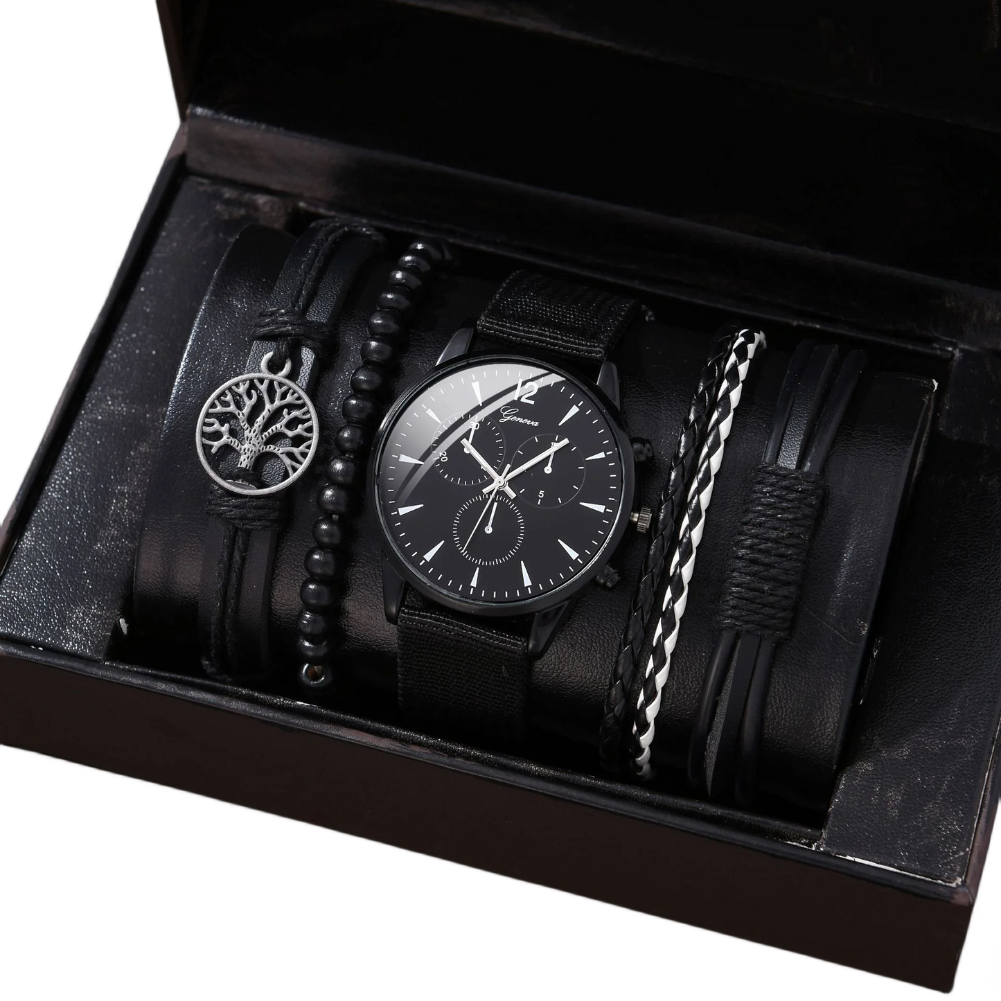 5 PCS/Set Men Leather Watch Bracelet Gift Box Set Watches Bracelet Set Leather Band Quartz Watch Clock Gift for Male