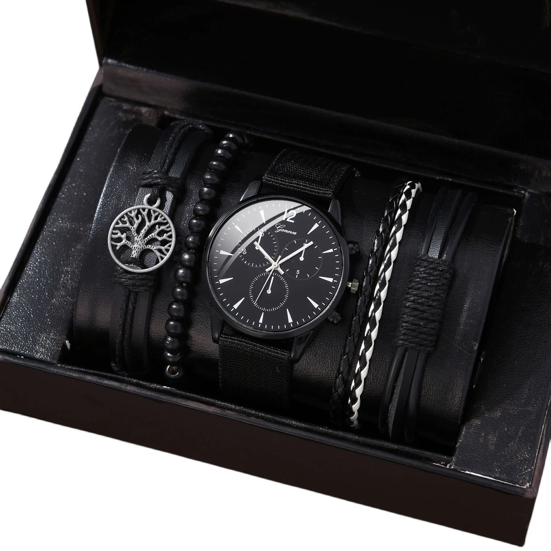 5 PCS/Set Men Leather Watch Bracelet Gift Box Set Watches Bracelet Set Leather Band Quartz Watch Clock Gift for Male