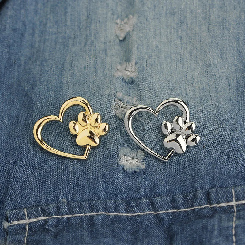 Gold Heart With Paw Lapel Pins Prints Dog Cat Footprint Brooches Button Backpack Bag Hollow Badge Women Memorial Pet Lovers