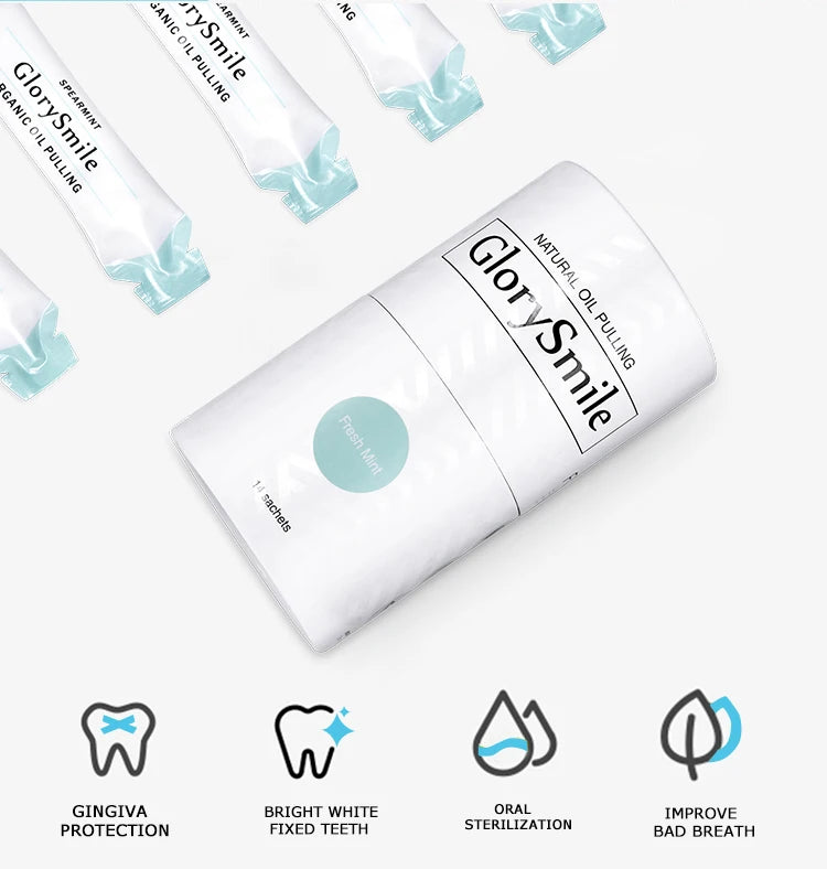 GlorySmile Oil Pulling Teeth Whitening Mouthwash 14 Pouches 10ML Vegan Coconut Oil Pulling Mouthwash Private Label
