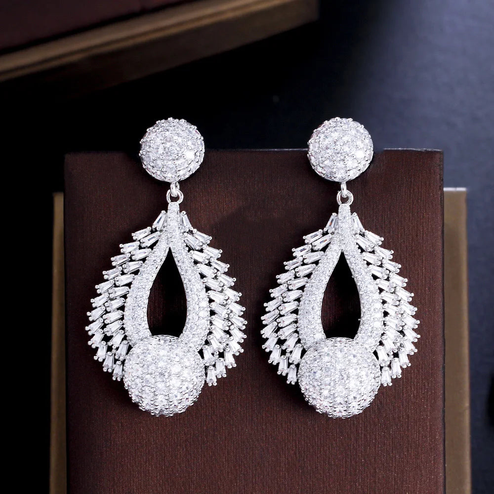 Shiny Round CZ Stone White Gold Filled Dangle Drop Wedding Dress Women's Earrings for Bridal Engagement Cubic Zirconia Jewelr