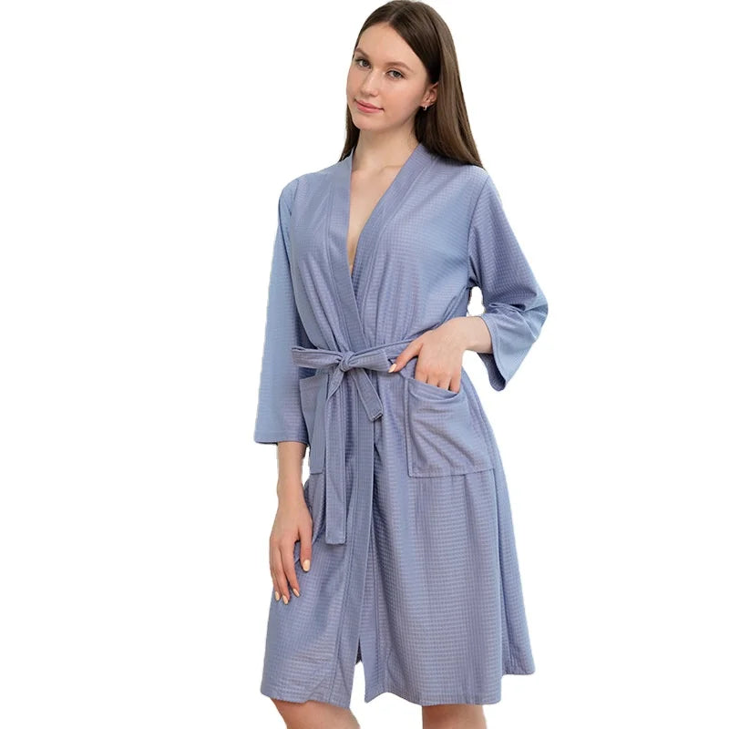 Light Velvet Polyester Thermal Spa Bathrobe Elegant Kimono Design Long Sleeves Knee Length Autumn/Spring/Winter Season Front