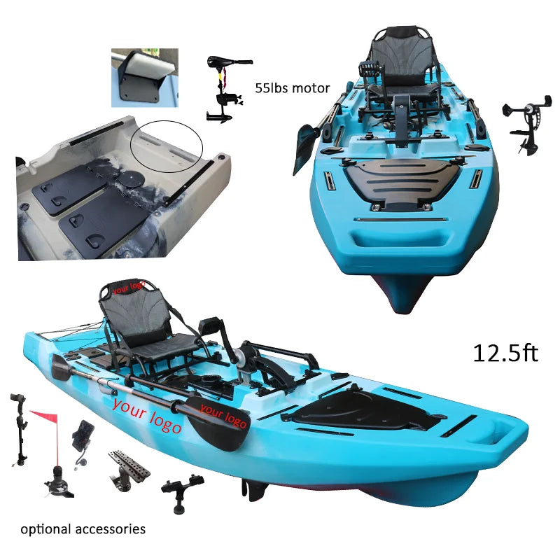 12.5ft Pedal Single Person HDPE Plastic Material Electric Trolling Motor Engine 1seat Propeller Fishing Boat with Float