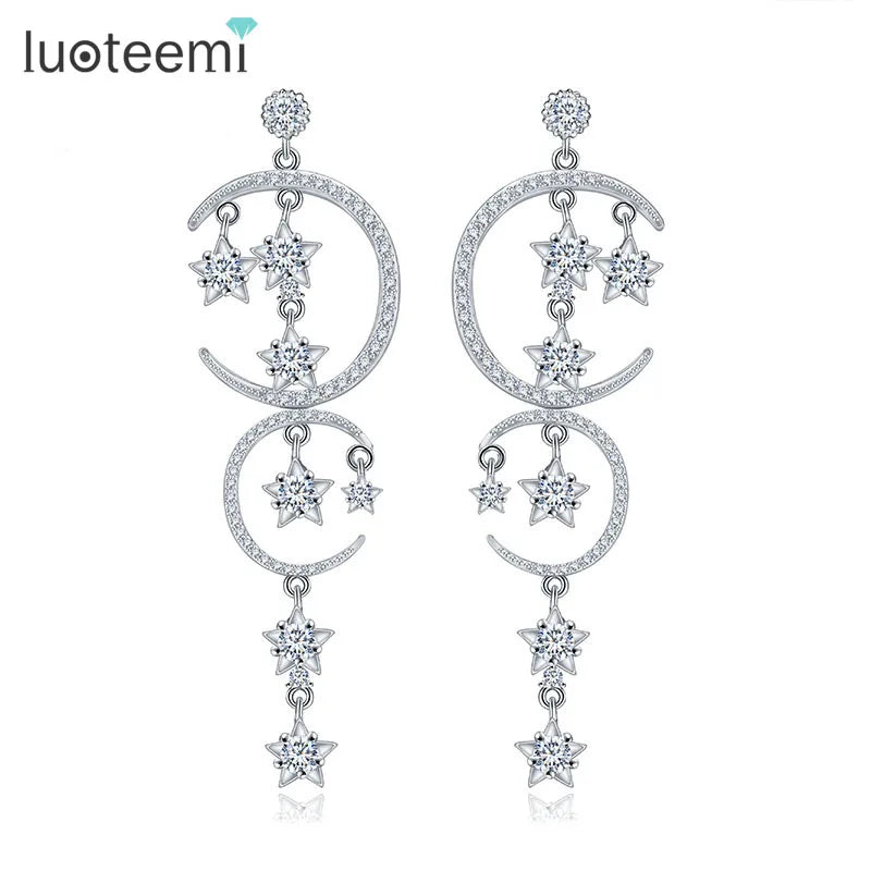 LUOTEEMI Cute Luxury Girl's Earrings Cubic Zirconia Moon and Star Jewelry Zircon Accessories for Women