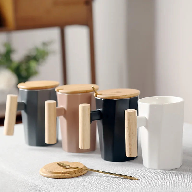 Mug Ceramic Creative Trend Korean Version Ins Wooden Handle with Lid Water Cup Coffee Cup Gift