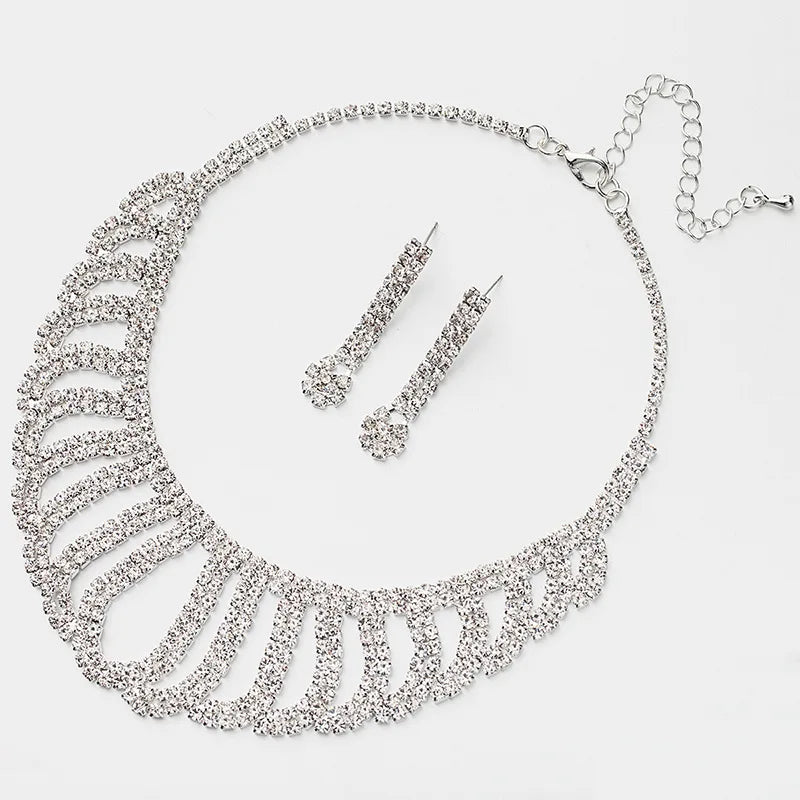 Women's Vintage Crystal Filigree Necklace Earrings Set Shiny Bling Glass Stone Gold Statement Bridal Jewelry Weddings