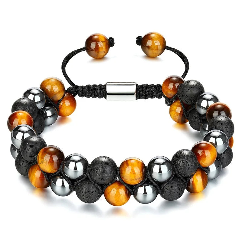 Hot Selling Men's Black Tiger Eye Stone Bracelet Adjustable Magnetic Volcano Fashion Jewelry Pearl Ball Shape Religious Style