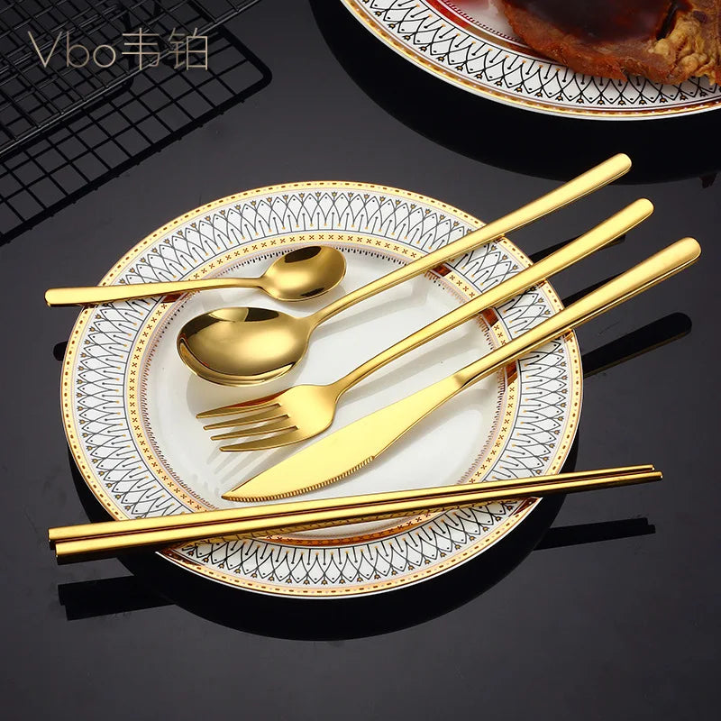 Hot Selling Stainless Steel Cutlery Gold Flatware Wedding Silverware 304 Stainless Steel Steak Knife Fork Spoon