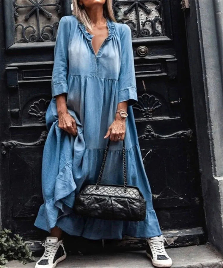Boutique Wholesale 2026 Summer New Retro Leisure Commuting Long Sleeved Washed Denim Women's Dress