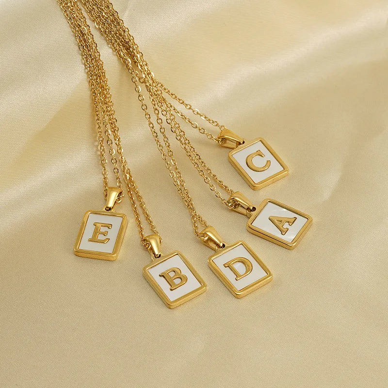 DAIHE Fashion 18K Gold Letter Necklace Stainless Steel Square Initial A-Z Letter Pendant Natural Shell Necklace
