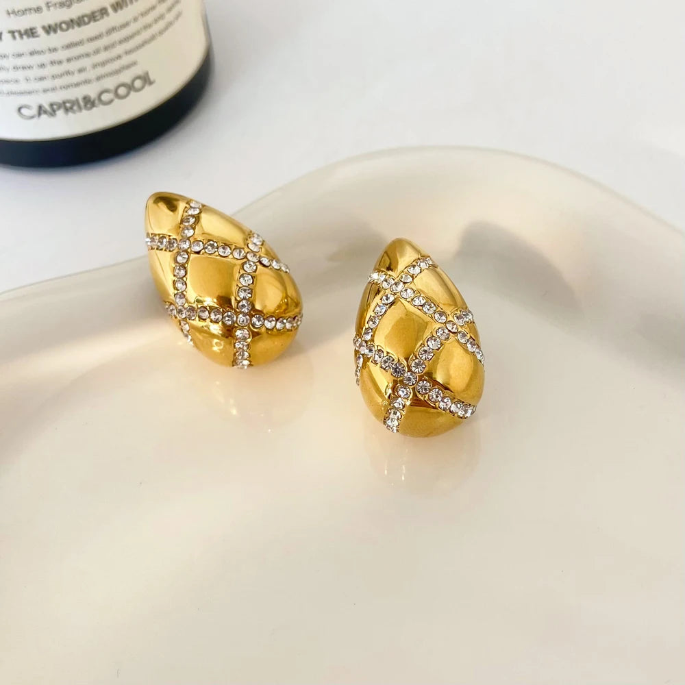 18k Stainless Steel Gold-plated Droplet Shaped Earrings Fashion Jewelry  Lingge Inlaid White ZIRCON Earrings
