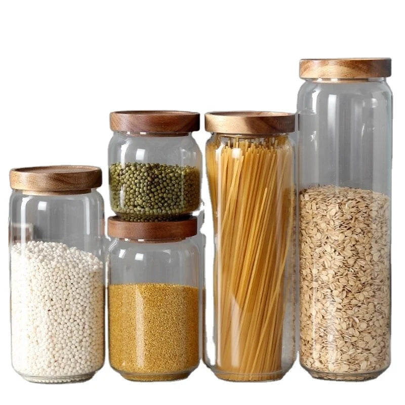 Glass Jar with Wooden Airtight Lid Set of 5 93 FL OZ(2750ml) Glass SetSuit for Kitchen Flour Tea Coffee Beans Sugar Cookies