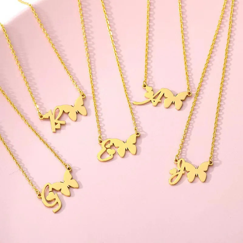 Trendy Gold Plated Butterfly Alphabet Choker Necklaces Stainless Steel A-Z 26 Initial Letter Butterfly Pendant Necklace
