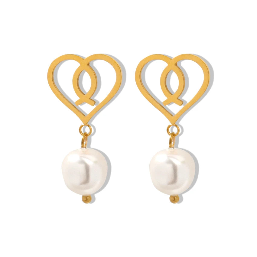 Korean Elegant Double Heart Earrings Pearl Earrings Set Pearl Dangle Earrings Jewelry Women Stainless Steel Silver Jewelry