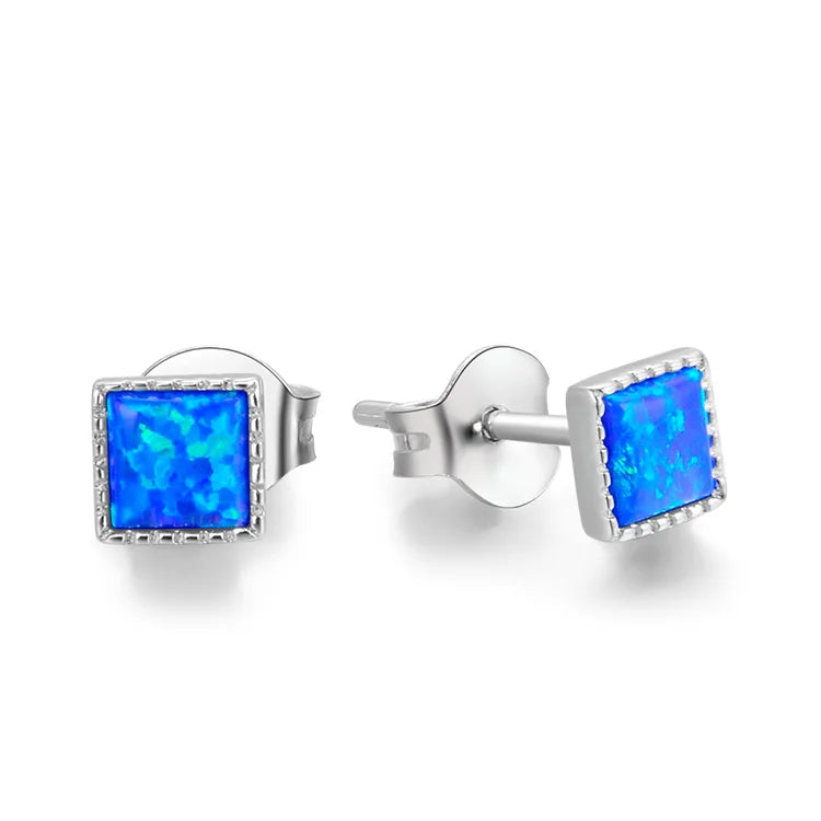 Rhodium Plated 925 Silver Square Opal Studs Created Synthetic Opalite Prism Effect Push Back Hypoallergenic Lightweight Earri