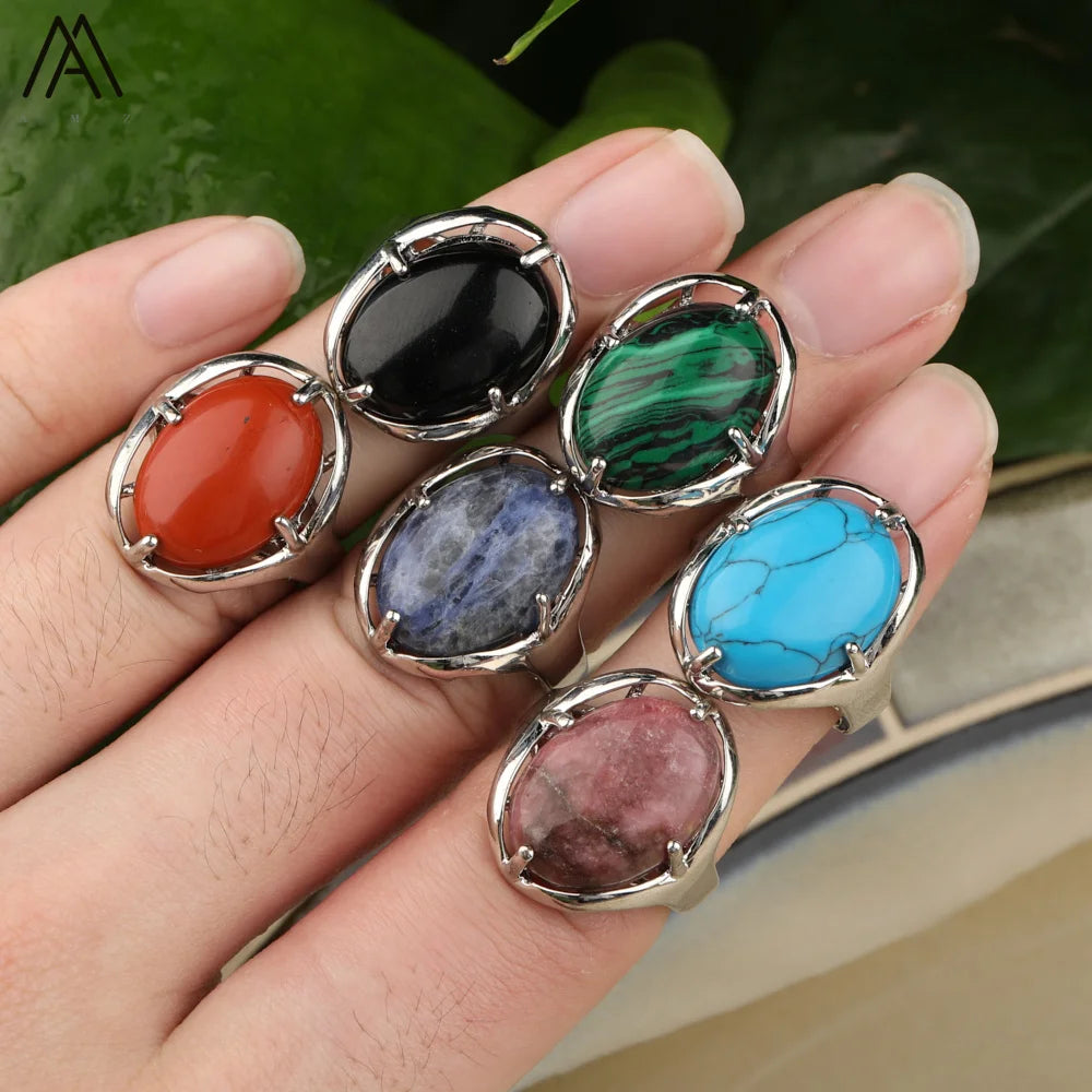 Oval Stone Bead Bezel Setting Crystal Silver Ring  Adjustable  Bohemia Style Band Fashion Jewelry