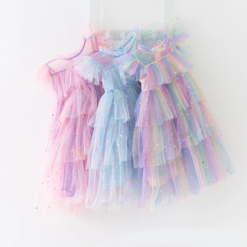 Girls Tulle Super Fairy Princess Dresses Fly Sleeve Rainbow Star Sequined Cake Dress Children Mesh Puffy Birthday Party Vesti