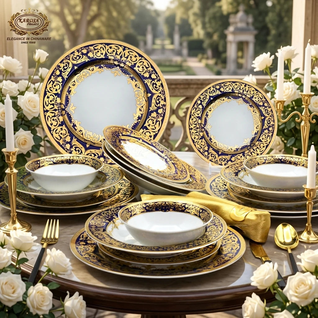 Quick Shipping 24pcs Luxury Style Dishwasher Safe High Quality Dish Plate Elegant Porcelain Bone China Dinner Tableware Set