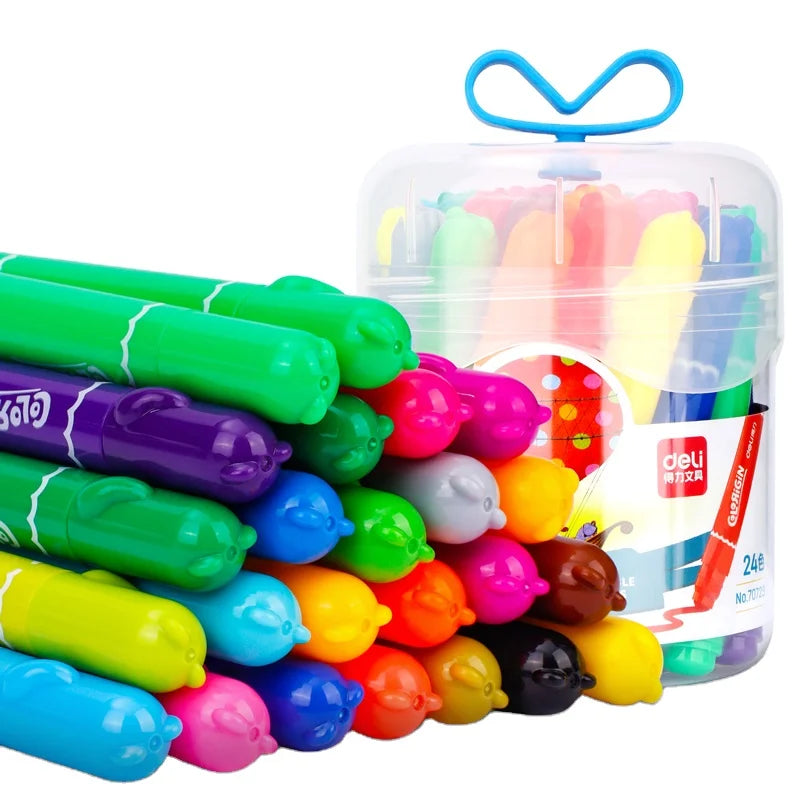 Deli 70729 24pcs/barrel Wash-easy Watercolor Pen Children's Round-headed Drawing Pen 48barrel*24pcs=1152pcs Per Carton Set