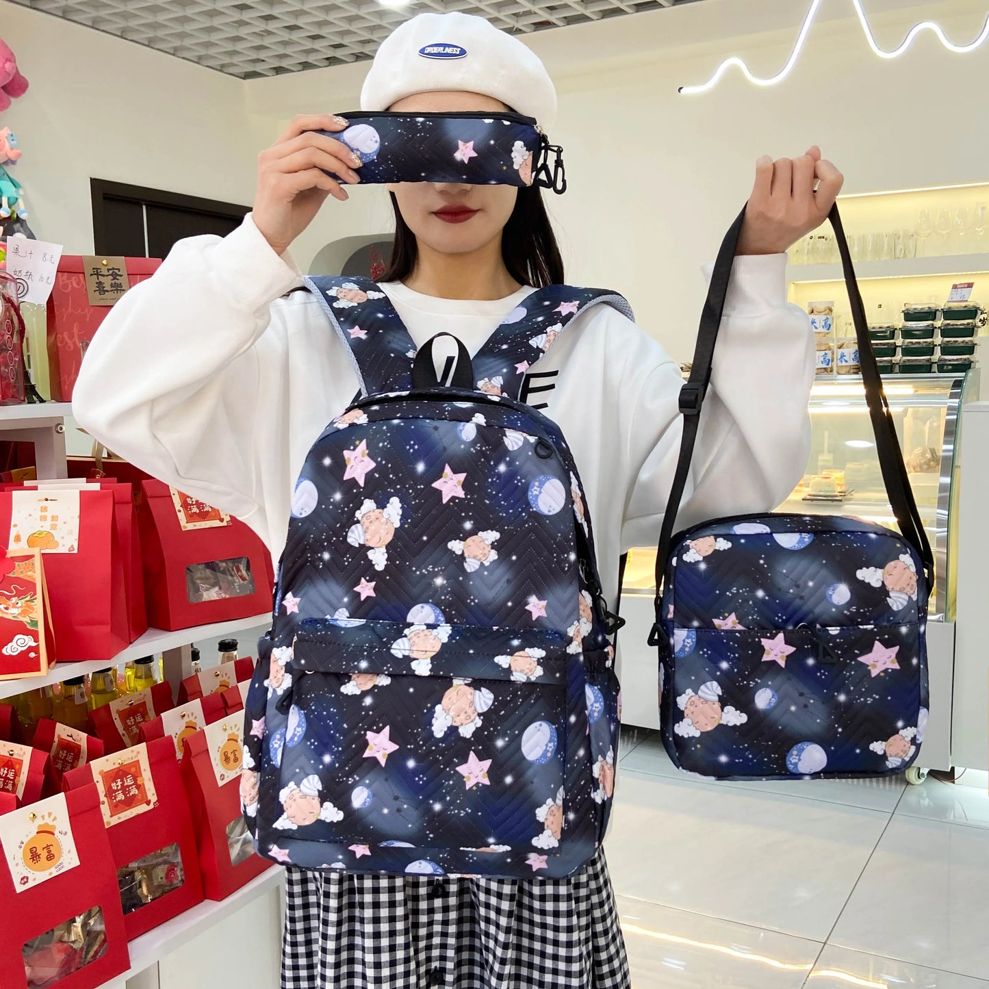 2026 Newest Unisex Geometric Waterproof Zipper Backpack 3PCS/Set Students Bag Large Capacity Schoolbags