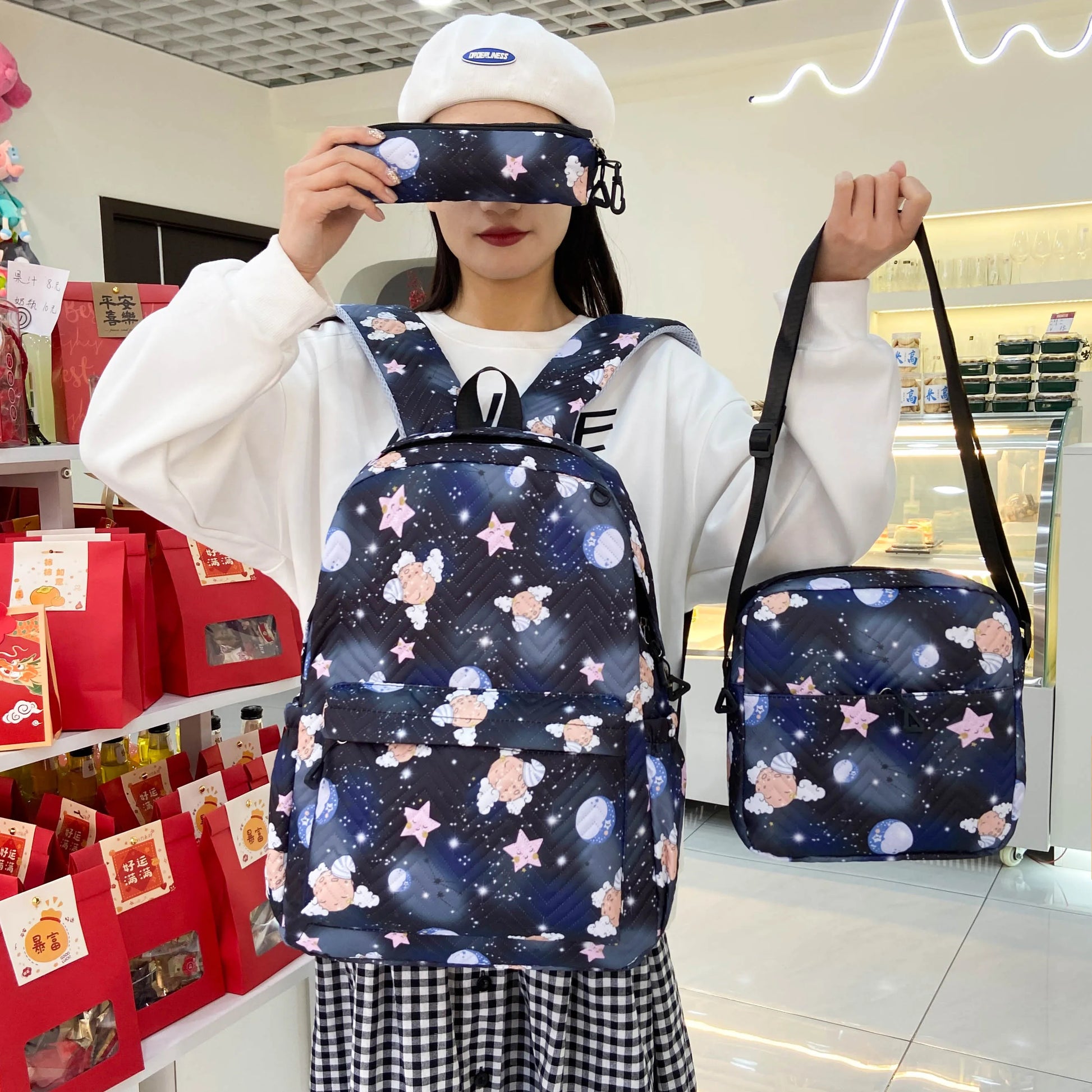 2026 Newest Unisex Geometric Waterproof Zipper Backpack 3PCS/Set Students Bag Large Capacity Schoolbags