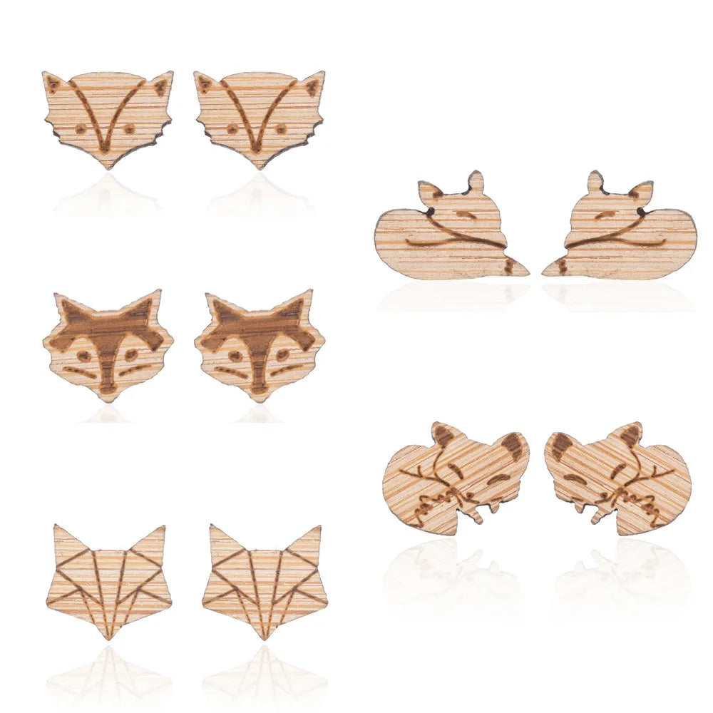 Wholesale African Crude Wood Earrings Women Korean Cute Handmade Carved Wooden Animal Fox Stud Earrings Gifts for Girls