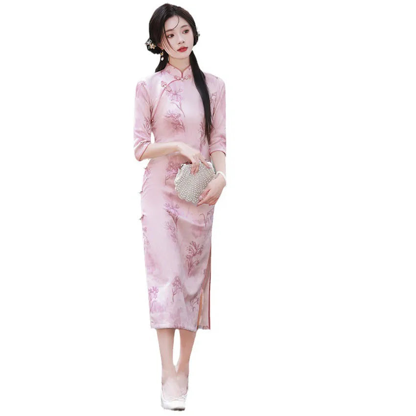 2025 Spring Suede Diagonal Long Cheongsam Qipao Women Girls Wear Artistic and Retro Chinese Traditional Style Women's Cheongs
