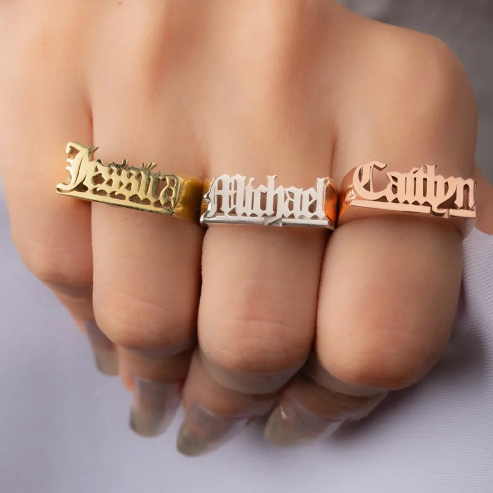 Custom Name Ring 18K Gold Plated Chunky Stainless Steel Ring Personalized Cursive Font Statement Jewelry