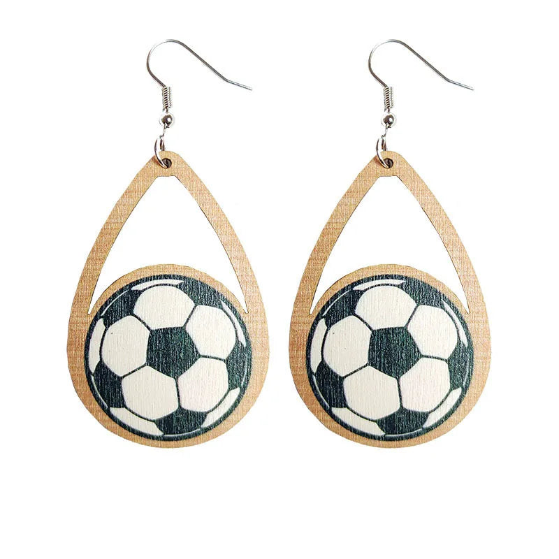 Sports Match Accessories Earrings Football Basketball Tennis Volleyball Baseball Hollow Water Drop Wood Girl Trendy Women's F
