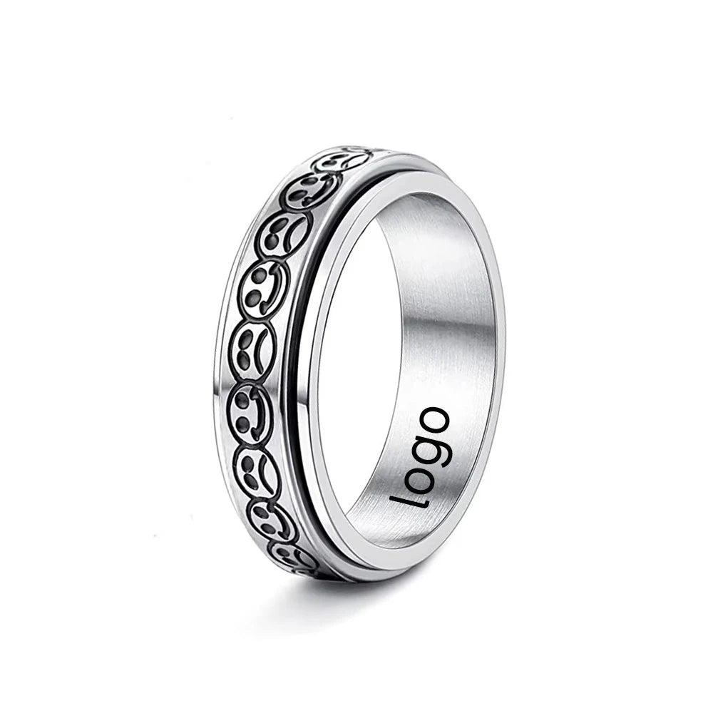 6mm Stainless Steel ring Silver Black Rotating Fashion Crying Smiling Face laser logo Stainless Steel Ring Finger Rings 177