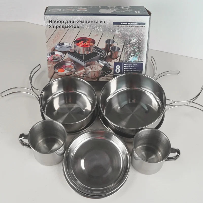 Chenfan Stainless Steel Camping Pot Mess Outdoor Tableware 8 Pcs in One Set Cookware Set Stainless Steel Cup Bowl Portable Se