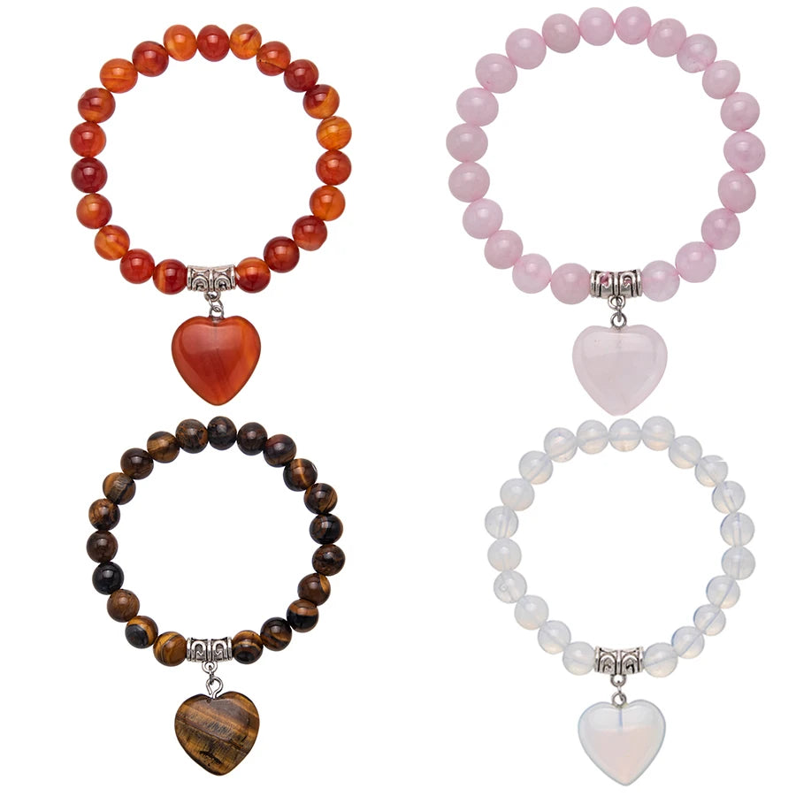Natural Crystal Stone Fashion  Simple Personality Heart Pendant Bracelet Gemstone  tiger Eye Stone Rose Quartz Bead Bracelet