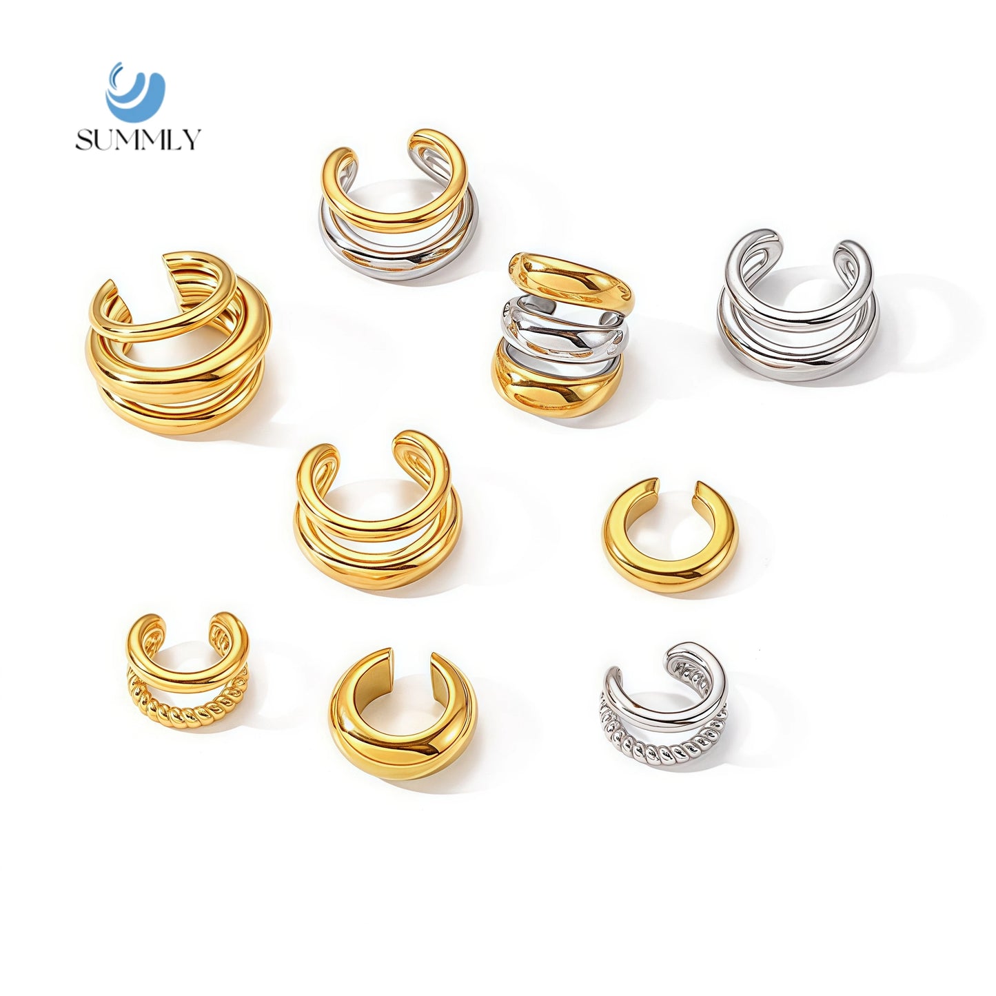 New Design Earbone Clip Jewelry Stainless Steel 18k Gold Plated Earhole Free Lateral Stripe Smooth Face Non Fading Earrings