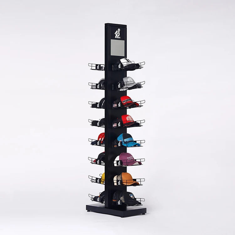 Free Standing Black Powder-coated Metal Winter Caps & Swimcaps Display Rack for Retail Stores Baseball Cap Holder & Hat Stand