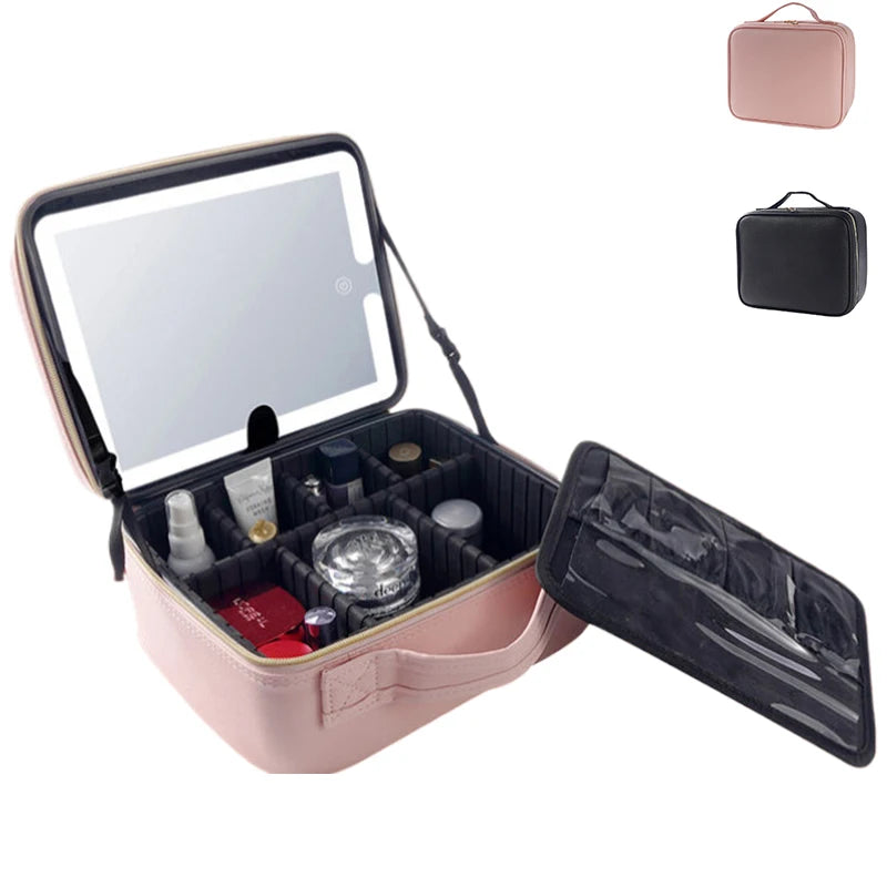 For 2024 Women's Smart LED Light Canvas Makeup Bag Mirror Large Capacity Waterproof Cosmetic Case Fashionable Open Closure
