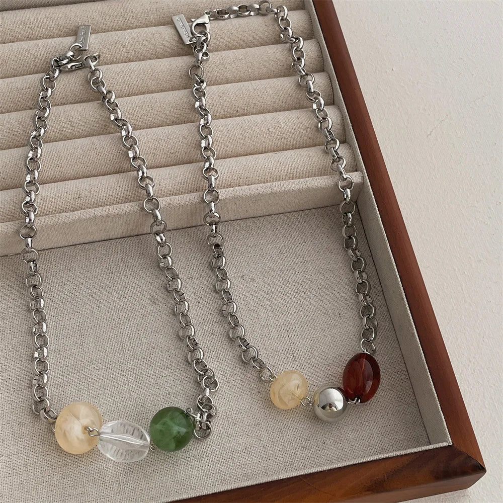 Maiou Designer Fold Wear Waterproof Stainless Steel Amber and Green Resin Beads Chunky Chain Necklace for Women Girls Jewelry