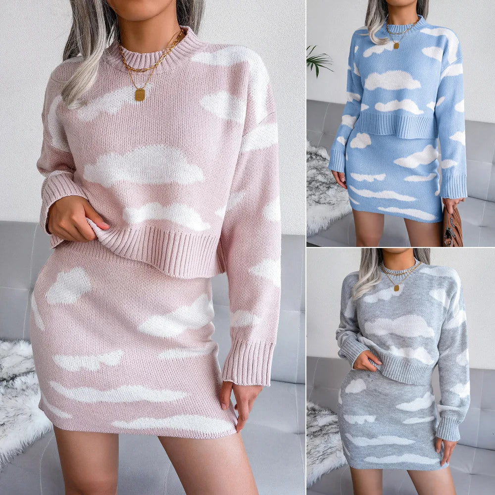 Retro Chic Knit Top and Dress Set  Ladies Casual Outfits Cloud Pattern Spring Season Outfit for Women