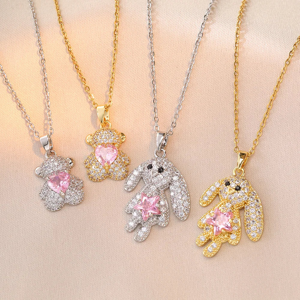 Sweet Dream Rabbit Zircon Bear Micro-inset Zircon Pendant Titanium Steel Necklace
